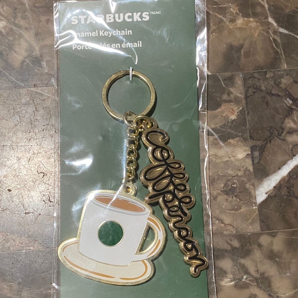 Starbucks White & Green Coffee Cup Keychain with Gold Accents